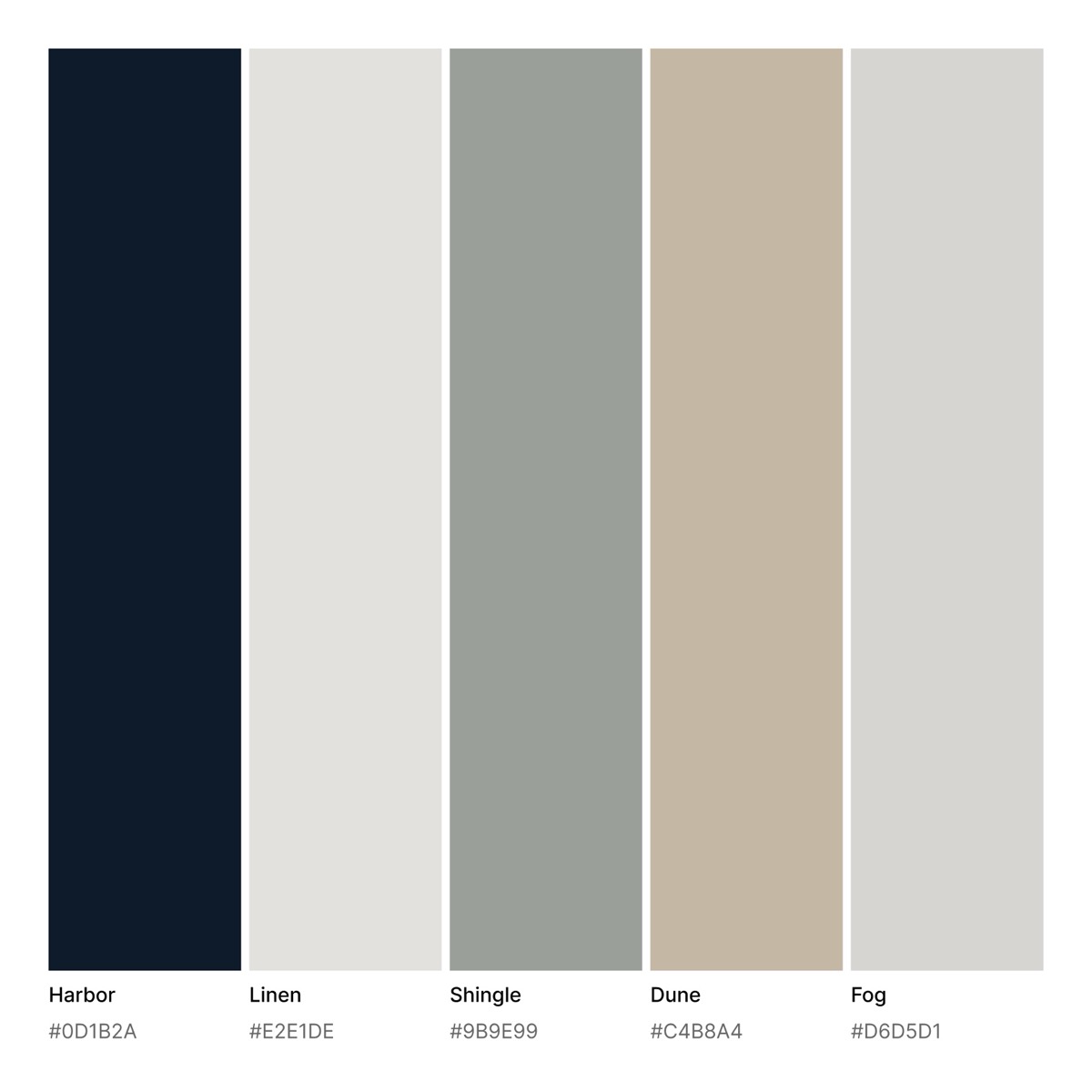 Brand colour palette: Harbor, Linen, Shingle, Dune and Fog